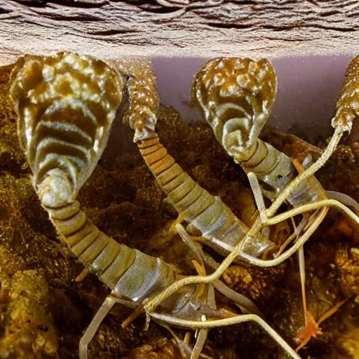 Prompt: underwater macro photo of nephrops in burrow on seabed with signpost