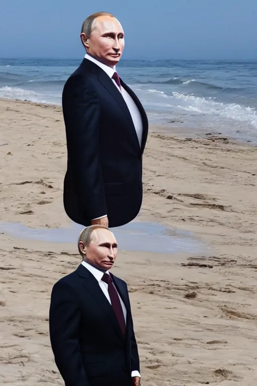 Prompt: Putin on a beach, full character, hyper realistic, highly detailed