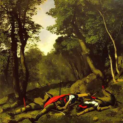 Image similar to soldiers with shields and swords and bows! hiding behind trees! on an elevated hill in a! misty, foggy! forest looking down on a army of gladiators with red capes, walking on a path through the forest below them.! shiny swords, well equiped. painting by gustave courbet, 4 k, realistic, anatomically correct, beautiful