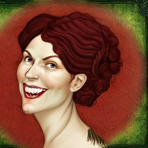 Prompt: head portrait, full faced, 40 years old women, light smile, dark red hair, green eyes, in beige expensive historic clothing, high detail, digital art, medieval fantasy