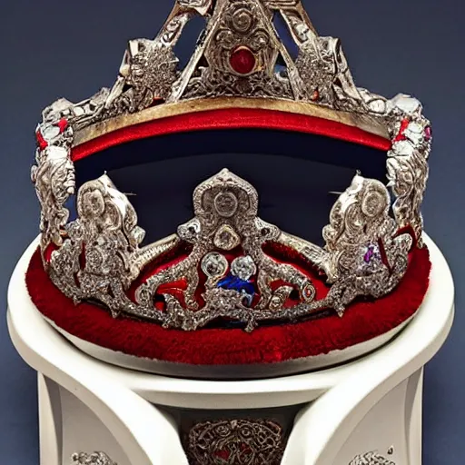 Image similar to a large ornate crown with sapphires and engraved runes, placed upon a crimson altar, d & d, photo