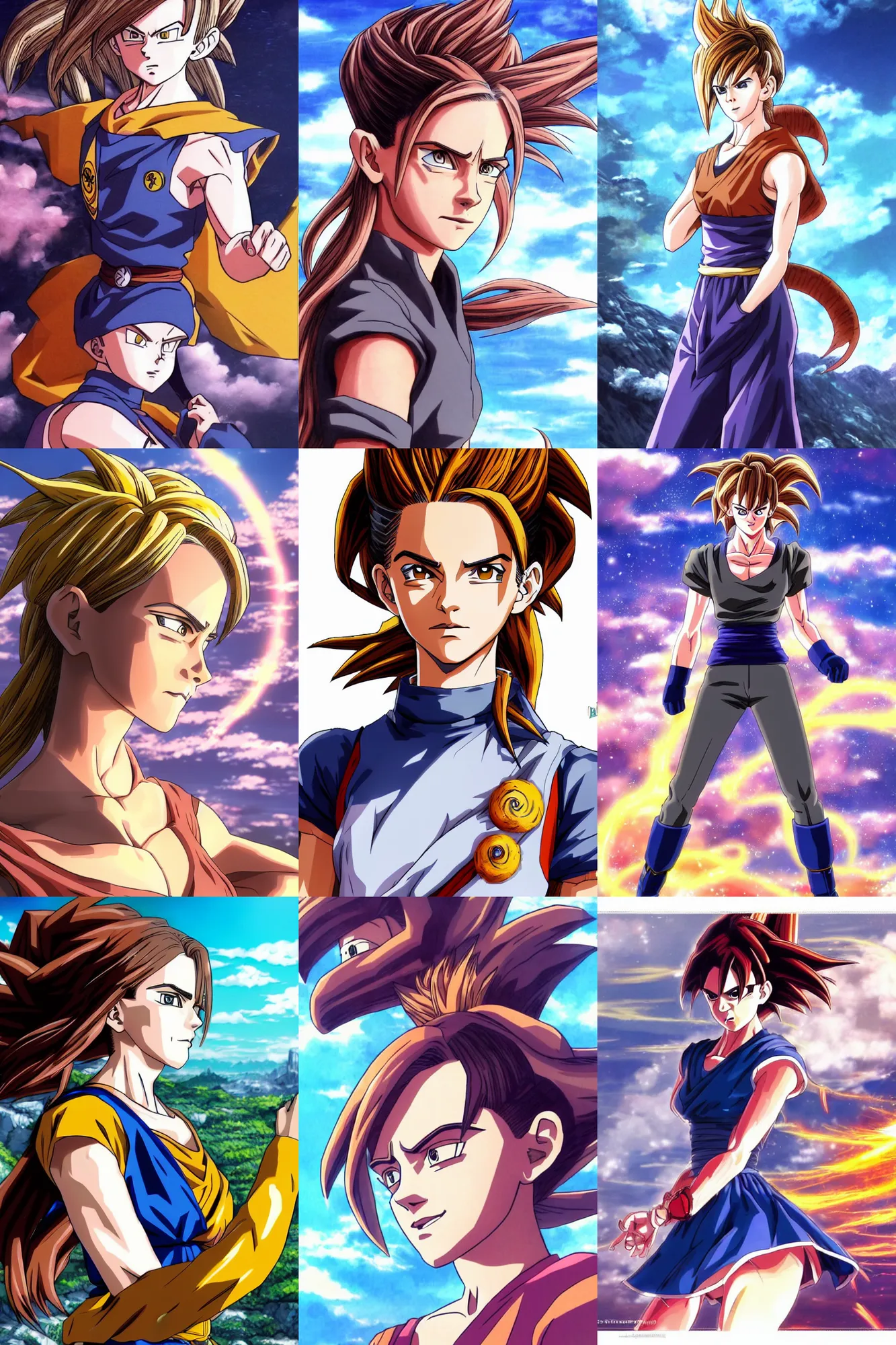 Image similar to concept art of emma watson as a dragon ball character, beautiful landscape, 4k anime character illustration by akira toriyama, artstation