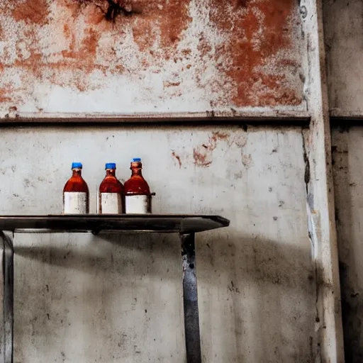 Image similar to bottle of milk, over a rusted metal table inside slaughterhouse