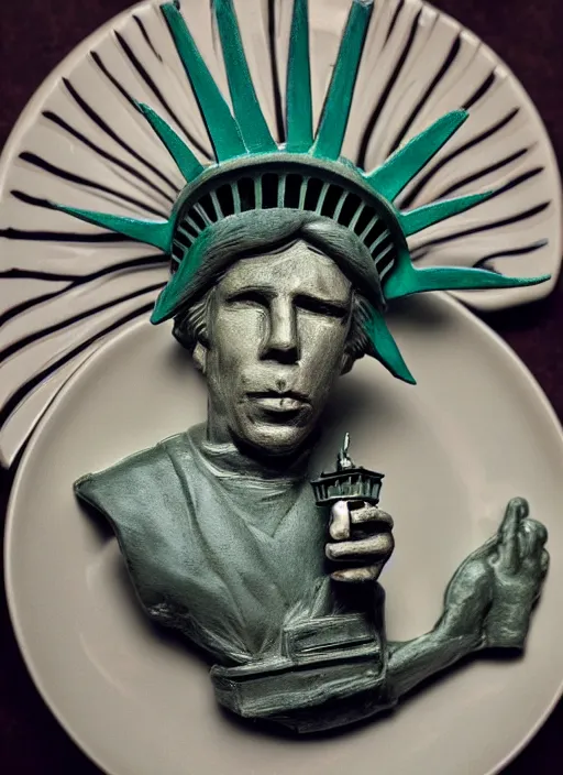 Image similar to Tom Waits eating a miniature Statue of Liberty on a plate in a restaurant, color photograph portrait 4k