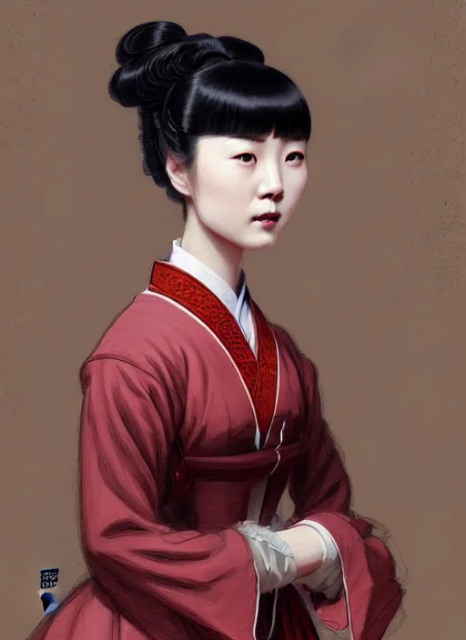 Image similar to a portrait of a young chinese woman in victorian clothing, confident pose, intricate, elegant, sharp focus, illustration, highly detailed, concept art, matte, trending on artstation, anime, art by james jean and artgerm and brian despain and alberto mielgo, greg rutkowski, wlop, ilya kuvshinov, strong strokes
