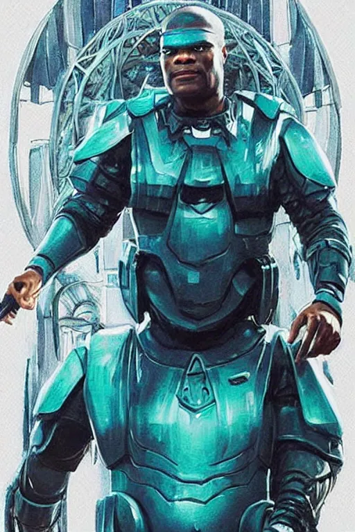 Image similar to movie still of Christopher Judge playing Teal\'c in an episode of Stargate SG-1, a ruggedly handsome hero, intricate, elegant, highly detailed, centered, digital painting, artstation, concept art, smooth, sharp focus, illustration, art by artgerm and donato giancola and Joseph Christian Leyendecker, Ross Tran, WLOP