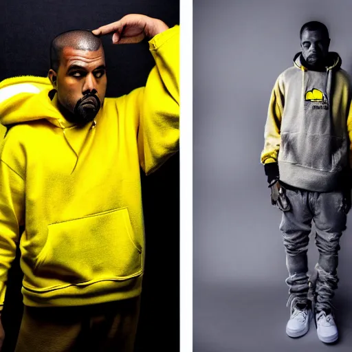 Prompt: Kanye West in a yellow pikachu! hoody, Studio Photograph, portrait C 12.0