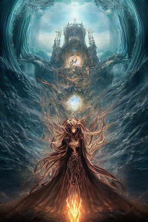 Image similar to an ultra detailed 3 d render of the final empress an elden ring boss, epic anime fantasy, 8 k, in the style of a fantasy metal album cover and magic the gathering, volumetric lighting, smooth, highly detailed, digital illustration, octane render, art by albert bierstadt and greg rutkowsi, artstation