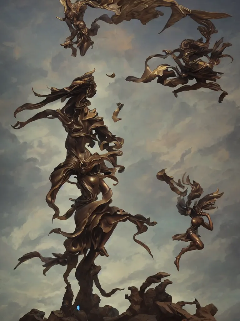 Image similar to a bronze statue of a dynamic flying character by peter mohrbacher