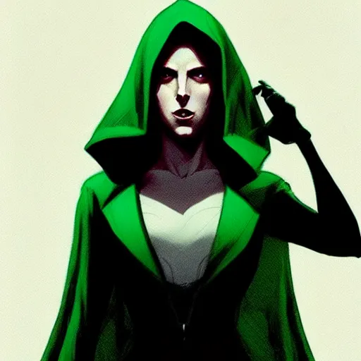 Prompt: Rafeal Albuquerque comic art, Joshua Middleton comic art, Jeremy Mann art, cinematics lighting, beautiful Anna Kendrick supervillain, green dress with a black hood, angry, symmetrical face, Symmetrical eyes, full body, flying in the air, night time, red mood in background