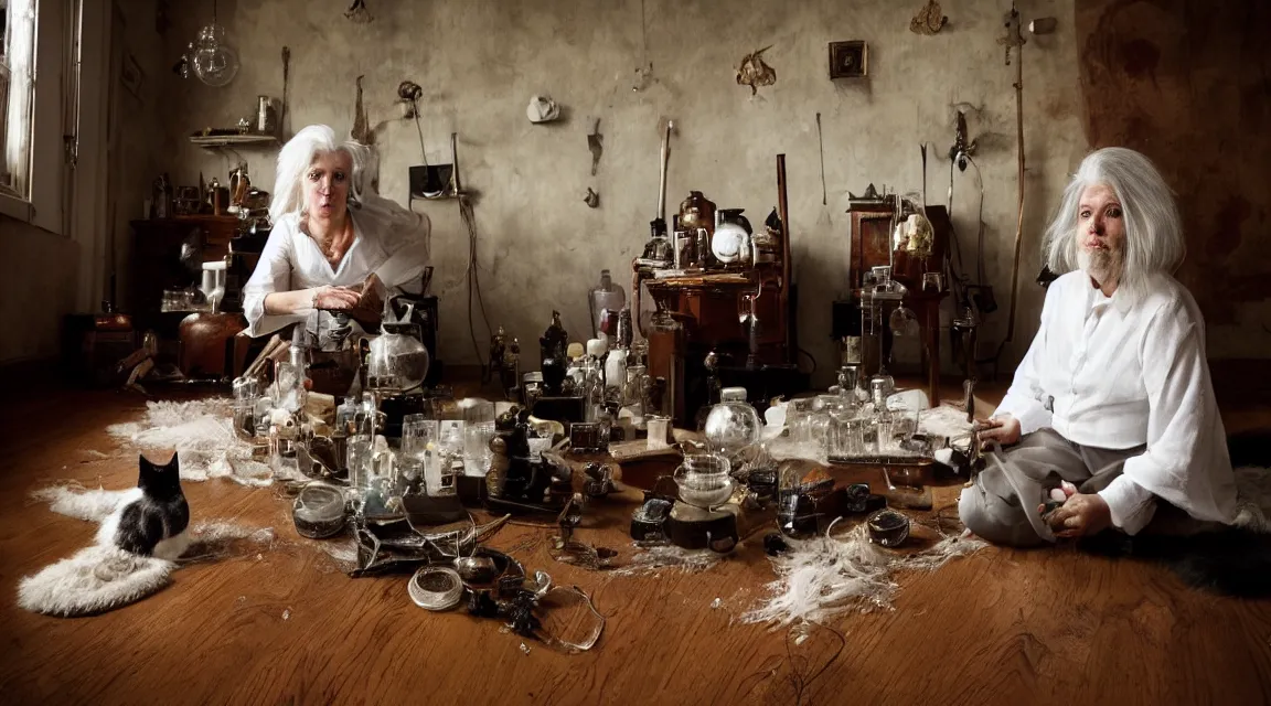 Image similar to full body protrait beautifull witch with white hair in old room. A cristal ball on a wood table with a potions and old instruments. A cat on the floor licking his paw. photorealistic, profesional photo, by Steve McCurry