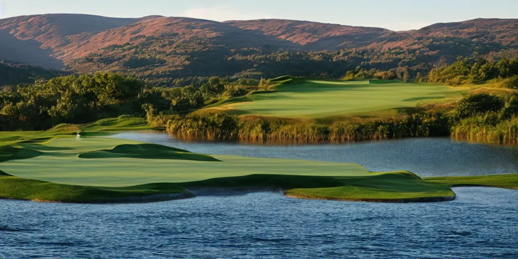 Image similar to a great photograph of the most amazing golf hole in the world completely surrounded by water, loch ness monster in the water, ambient light, golf digest, top 1 0 0, fog