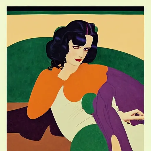 Image similar to Eva Green, Art by Coles Phillips, Orange bodysuit, Chalk white skin, deep purple hair, Green eyes, Portrait of the actress, Eva Green as Metamorpho, geometric art, Ramona Fradon, poster, no text, Alphonse Mucha, Vasily Kandinsky, carbon black and antique gold