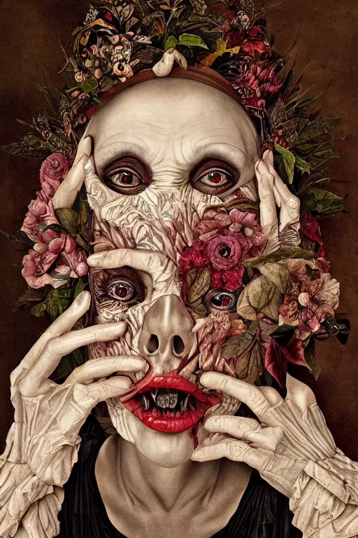 Image similar to Detailed maximalist portrait of a beautiful old woman with large lips and eyes, scared expression, botanical skeletal with extra flesh, HD mixed media, 3D collage, highly detailed and intricate, surreal illustration in the style of Caravaggio, dark art, baroque, centred in image