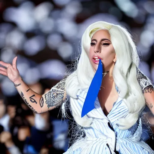 Image similar to Lady Gaga as president, Argentina presidential rally, Argentine flags behind, bokeh, giving a speech, detailed face, Argentina