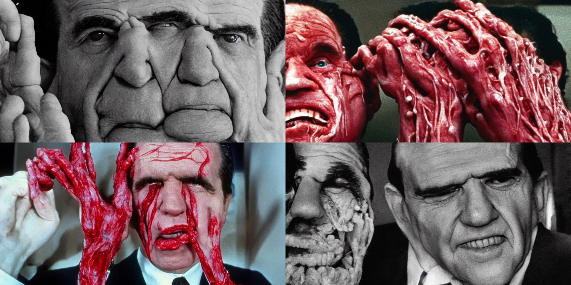 Prompt: richard nixon body horror directed by david cronenberg, limb mutations, swollen veins, red flesh strings, cinestill 8 0 0 t, 1 9 8 0 s movie still, film grain