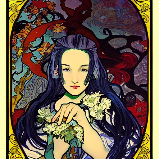 Prompt: a painting in the style of ayami kojima and in the style of alphonse mucha.