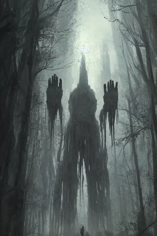 Prompt: a humanoid giant with four arms and bird feet | ruined cathedral | misty swamp | fantasy concept art by greg rutkowski