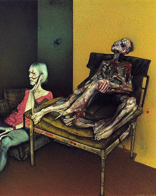 Image similar to an old dead couple sitting on a couch in an old soviet apartment, Beksinski painting, part by Adrian Ghenie and Gerhard Richter. art by Takato Yamamoto, Francis Bacon masterpiece