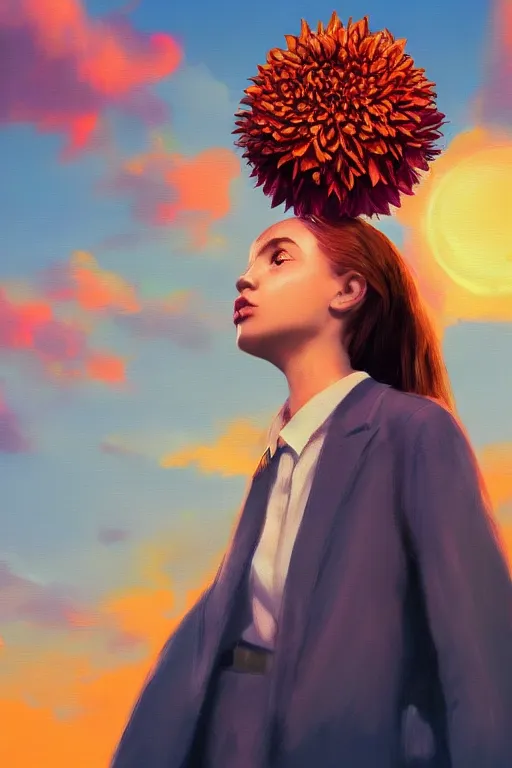 Image similar to closeup giant dahlia flower head, girl in a suit, in a city, surreal photography, blue sky, sunrise, dramatic light, impressionist painting, digital painting, artstation, simon stalenhag