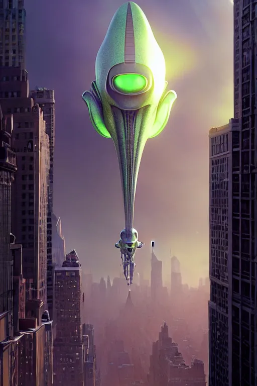 Prompt: pixar alien spaceship descending on new york city | glamorous oily soft polished rich ornate modern | weta disney pixar movie still photo | hi - fructose, sci fi fantasy, smooth, octane render, sharp focus, artstation, concept art | artgerm, mucha, rutkowski, feng zhu, wlop, loish