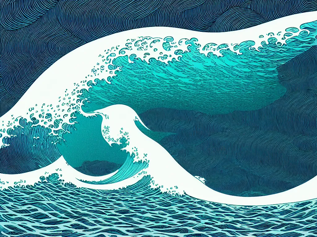 Prompt: ocean wave by balmy enso, jamie hewlett, nicolas delort, moebius, victo ngai, josan gonzalez, kilian eng