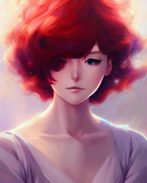 Prompt: anime portrait, intricate, elegant, astral dress, curly red hair, digital painting, artstation, concept art, art by artgerm, style of makoto shinkai