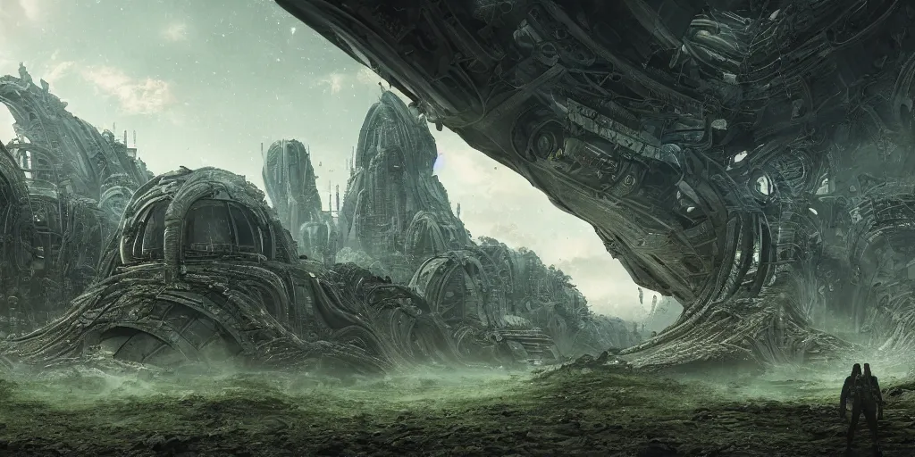 Image similar to alien landscape, ruined alien structures, beautiful, solarpunk, trending on artstation, 8 k, high detail, by shrimbly flingleston