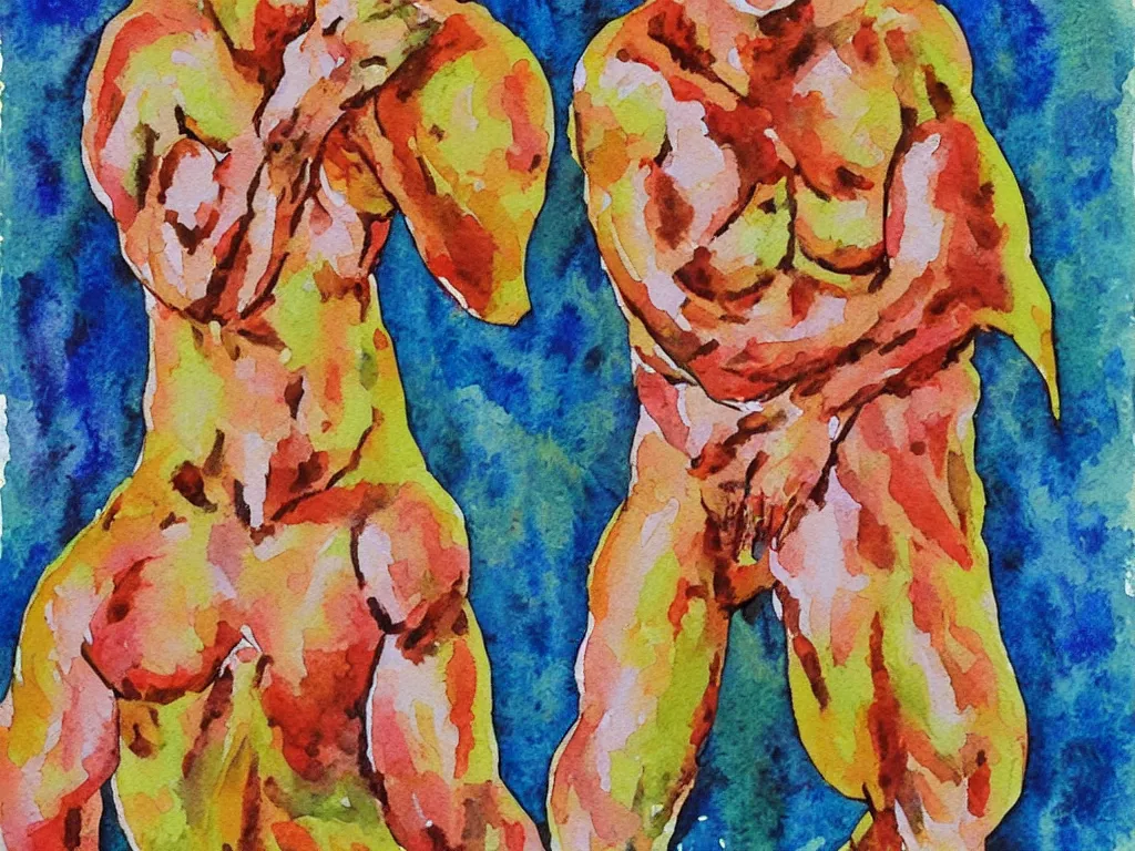 Image similar to muscular bodybuilder virgin mary outsider art children's illustration watercolor painting