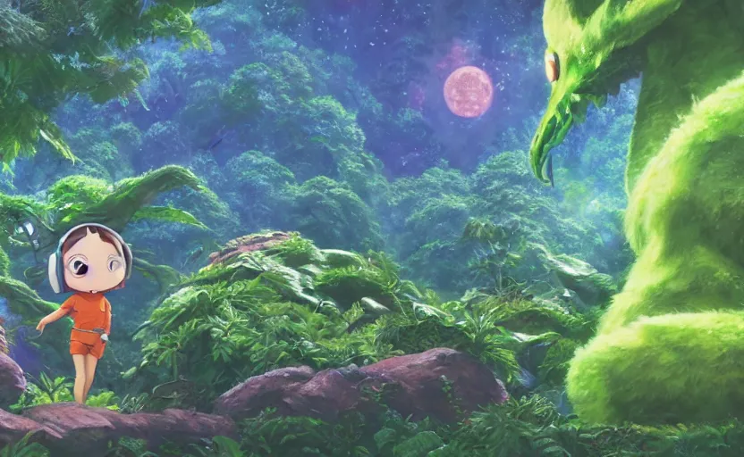 Prompt: a still of a cute adorable tiny astronaut, on a planet of lush foliage, with an enormous kaiju dragon surrounding the background, magical forest, sharp focus, neon backlit, highly detailed, disney pixar studio ghibli makoto shinkai, digital painting, matte, octane render, global illumination, iridescent, anime, 8 k concept art