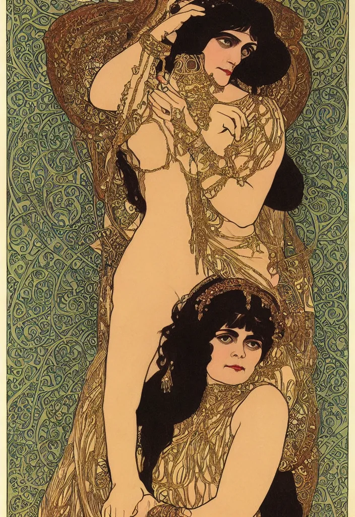 Image similar to realistic detailed Art Nouveau lithograph full-face portrait of Theda Bara as Cleopatra in an elaborate costume by Alphonse Mucha and Gustav Klimt