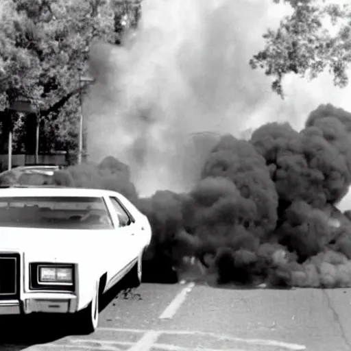 Prompt: a super 8 footage still as a 1 9 7 4 dodge monaco is on fire, people are protesting behind the car and police are chasing after civilians, kodak tri - x film