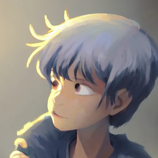 Prompt: a child with grey skin with blues and short brown hair and fire powers, highly detailed, digital painting, artstation, matte, by makoto shinkai, animation style