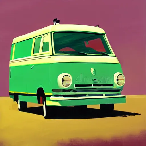 Image similar to retro painting illustration of a volswagen van, 2 d, pastel color, green, yellow, red, retro style art, trendy on artstation, by rhads