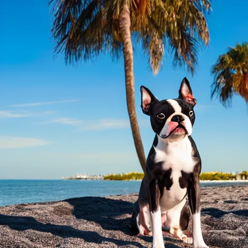 Image similar to Boston Terrier sitting on a beach on a sunny day, sky is blue, palm trees are on the beach