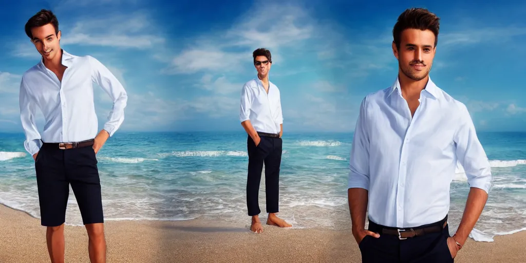 Image similar to a handsome guy is standing tall, in a beautiful shirt, with the beach, sea, sun, rays in the background? super detail, one character