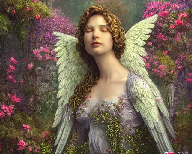 Prompt: a majestic winged male garden angel with a mossy beard, he is covered in vines and flowers standing in front of a beautiful cottage, a digital painting by thomas canty and thomas kincade and ross tran, art nouveau, atmospheric lighting, trending on artstation