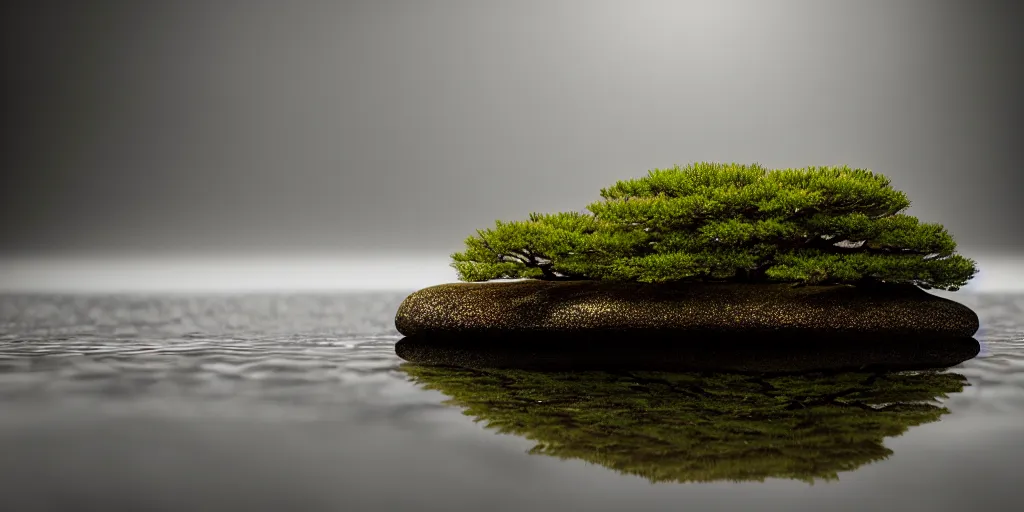 Prompt: photo bonsai cedar on a small angular cnn glass stone in the water, gold hour, soft lighting, light fog, medium full shot, volumetric lighting, beautiful, ultra detailed, cgsociety by leesha hannigan, thierry doizon, 3 5 mm, fujifilm, cinematic, realistic