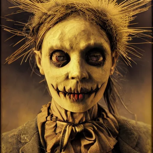 Image similar to female scarecrow hyper realistic, elegant, ornate, elite, horror, creepy, ominous, haunting, cinematic lighting, metal plate photograph, unreal engine, symmetrical, cinematic centered camera, high detail by Isaac Levitan, Frederic Church and Vasily Perov