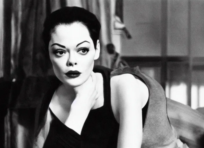 Image similar to Black and white film still of Rose Mcgowan on a Woody Allen film