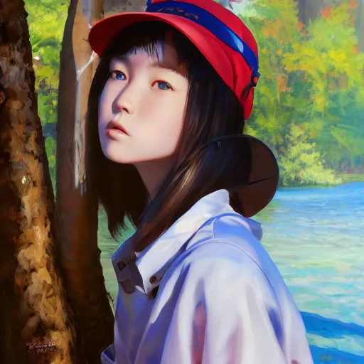 Image similar to oil painting by ilya kuvshinov,, baugh casey, craig mullins, coby whitmore, of a youthful japanese girl, long hair, fishing and wearing fisherman's outfit, fisherman's hat, highly detailed, breathtaking face, studio photography, noon, intense bounced light, water reflection, large tree casting shadow, serine intense sunlight