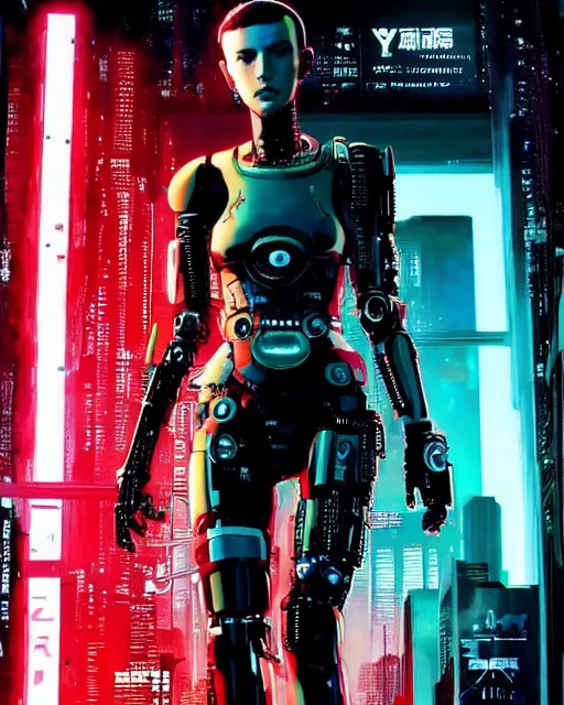 Prompt: cyberpunk millie bobby brown as a robot by yoji shinkawa