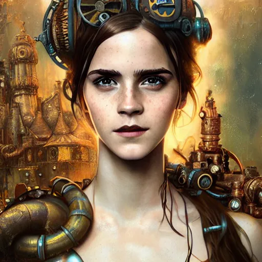 Image similar to underwater steampunk portrait of emma watson, hyper detailed, digital art, cinematic lighting, studio quality, smooth render, unreal engine 5, octane rendered, art style by klimt and nixeu and ian sprigger and wlop and krenz cushart.