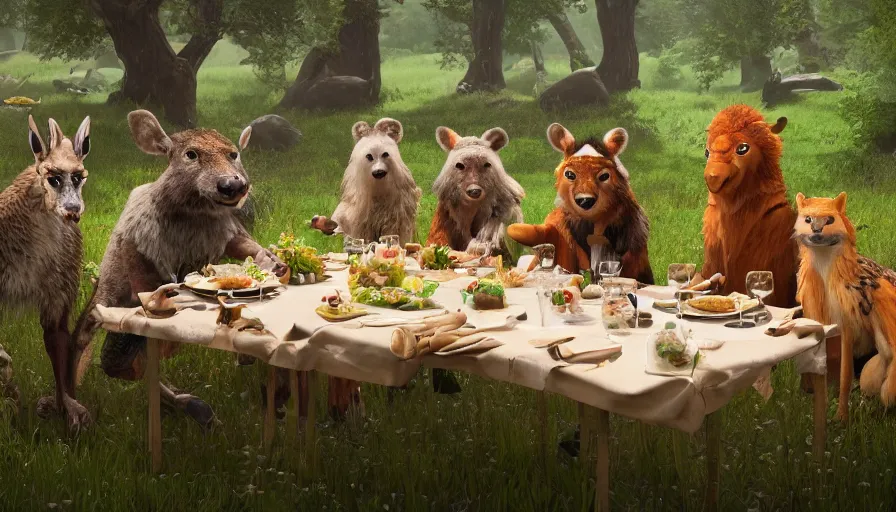 Image similar to a table dinner of animals where animals are dressed like the characters from the midsommar movie, realistic detailed digital art by maxwell boas jessica rossier christian dimitrov anton fadeev trending on artstation cgsociety rendered in unreal engine 4 k hq