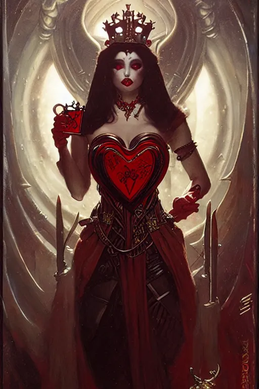 Image similar to the queen of hearts, dark fantasy playing card design by gaston bussiere, bayard wu, greg rutkowski, giger, maxim verehin