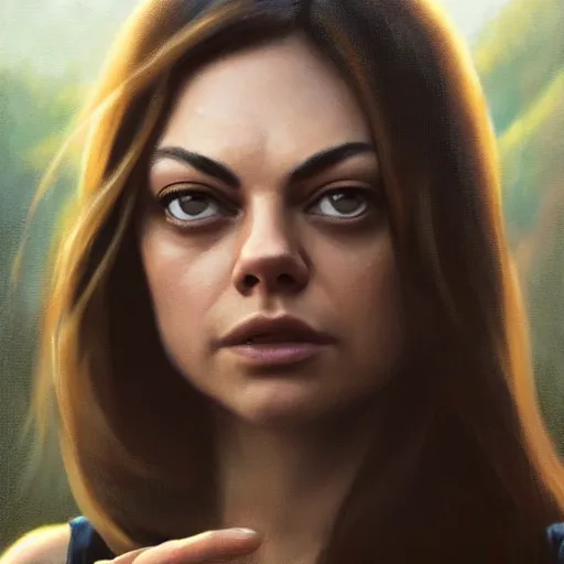 Image similar to winking mila kunis closeup portrait, dramatic light, lake background, 2 0 0 mm focal length, painted by stanley lau, painted by greg rutkowski, painted by stanley artgerm, digital art, trending on artstation