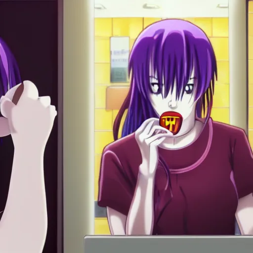 Prompt: lucy from elfen lied crying while eating a double cheese burger in the mcdonalds restroom, anime key visual, digital art