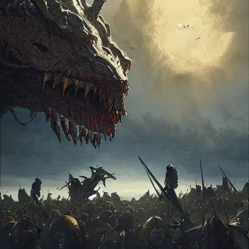 Image similar to Medieval army fighting a giant monster in the sky, hd, intricate, Greg Rutkowski, Elden Ring, 8k, digital art