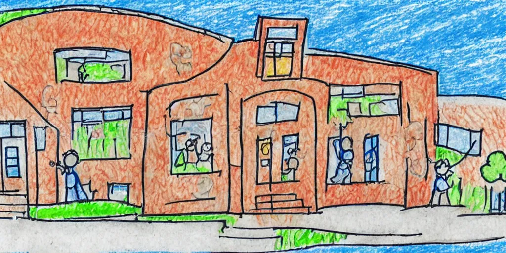 Image similar to school exterior, children's hand drawn illustration