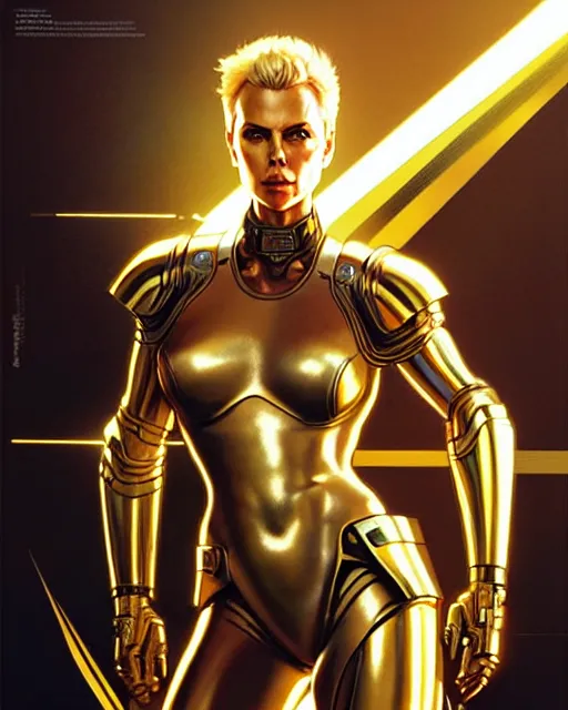 Image similar to hyper realitic render of charlize theron, sci fi warrior in gold hi tech armor, art by artgerm and greg rutkowski and alphonse mucha